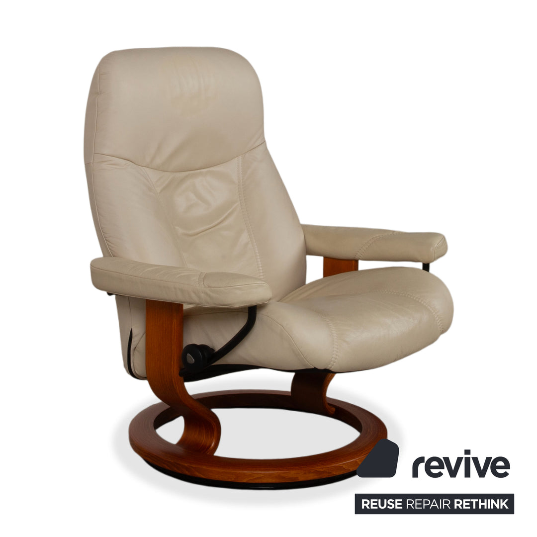 Fauteuil Stressless Consul en cuir crème beige avec pouf fonction manuelle relaxation