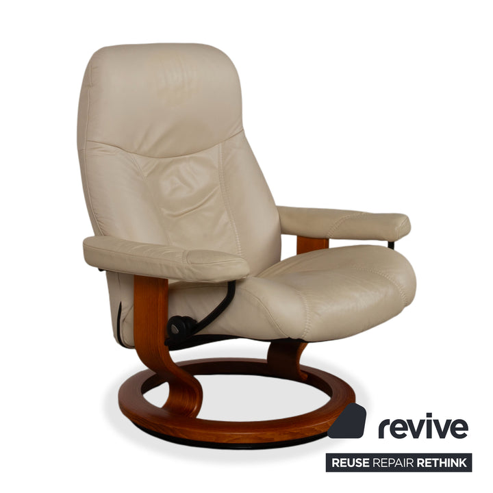 Fauteuil Stressless Consul en cuir crème beige avec pouf fonction manuelle relaxation