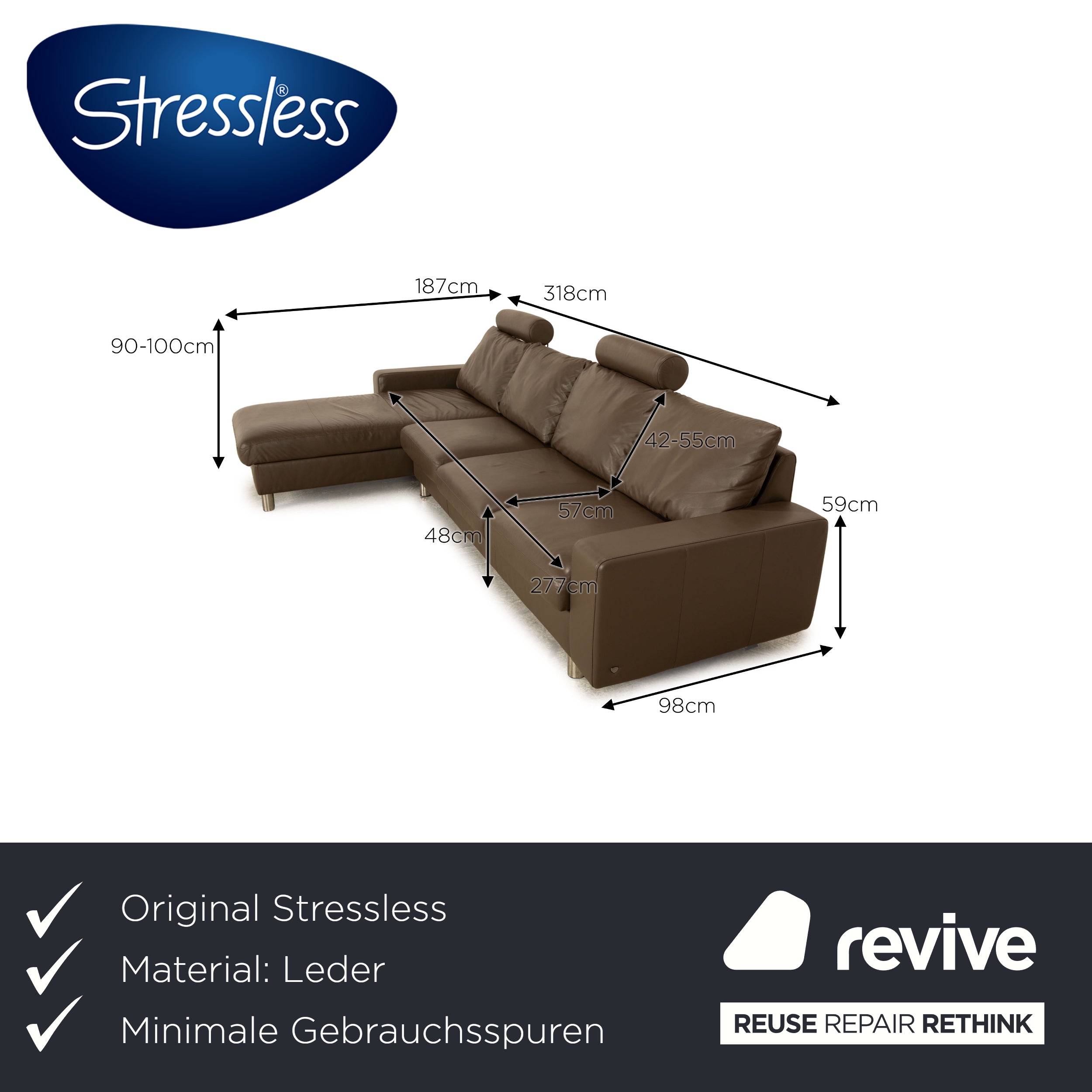 Stressless E200 Leder Ecksofa Braun Dunkelbraun Khaki Recamiere Links Sofa Couch