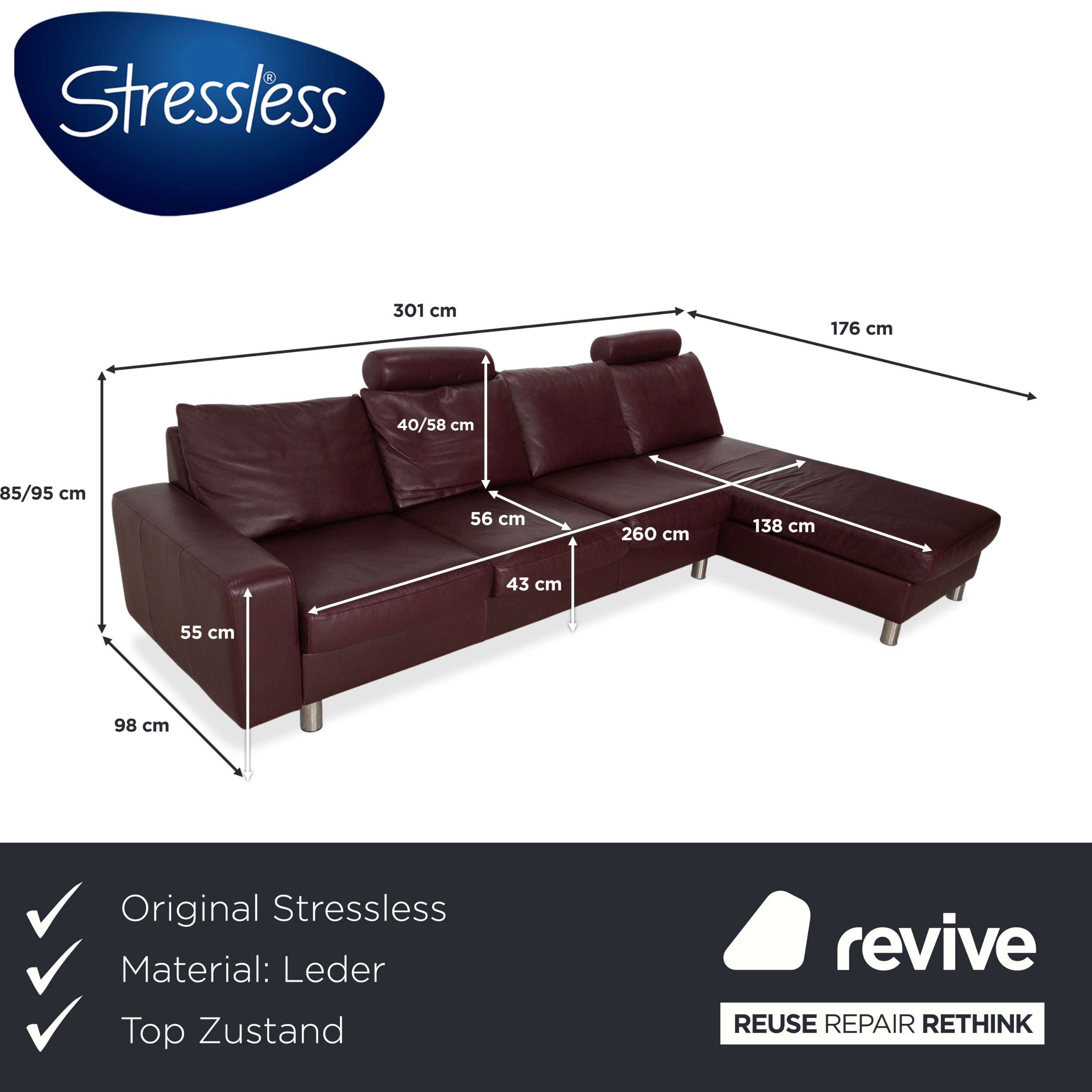 Stressless E200 Leather Corner Sofa Red Bordeaux Sofa Couch