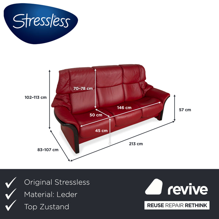 Stressless Eldorado three-seater leather sofa, cherry red, beech wood, wenge stained, manual function