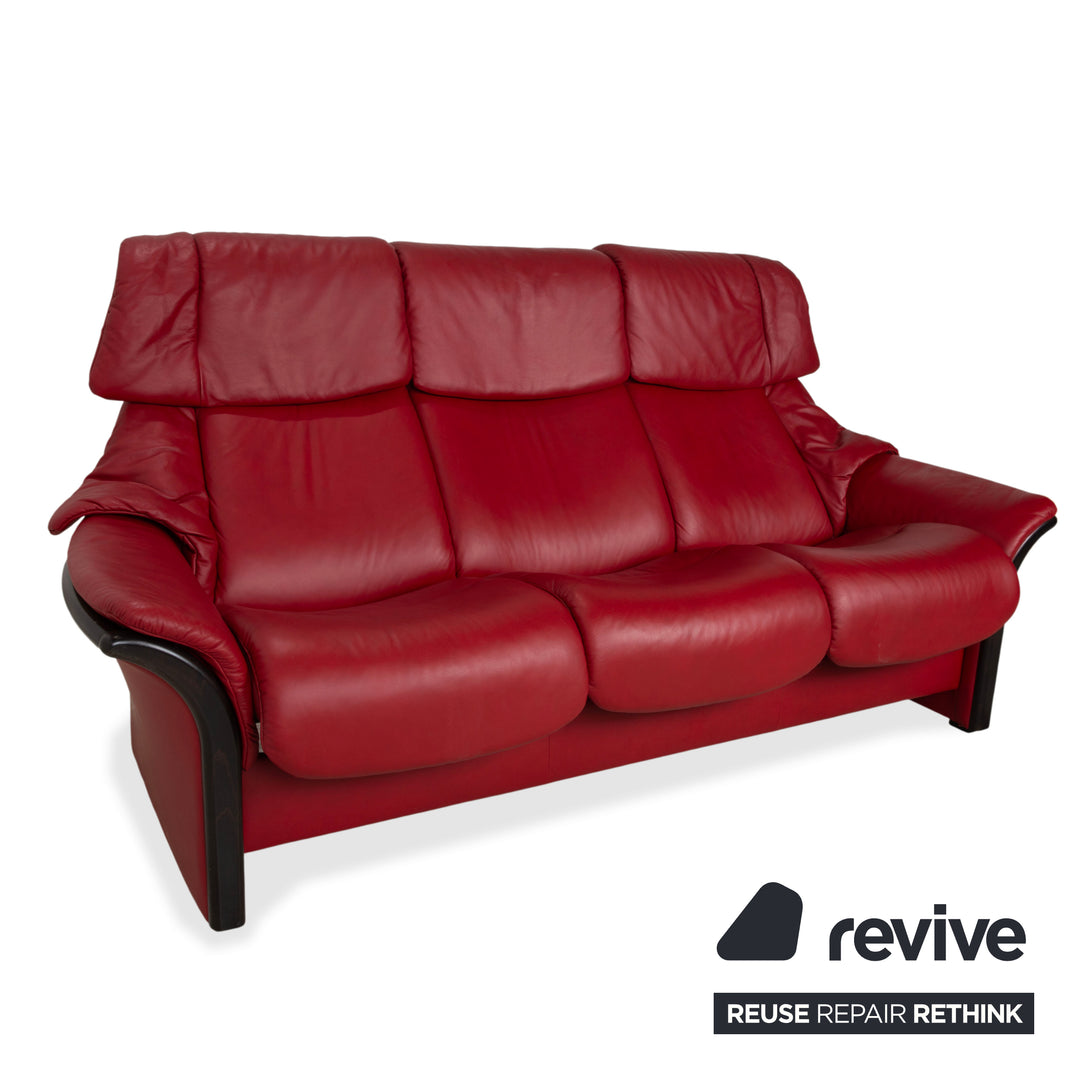 Stressless Eldorado three-seater leather sofa, cherry red, beech wood, wenge stained, manual function