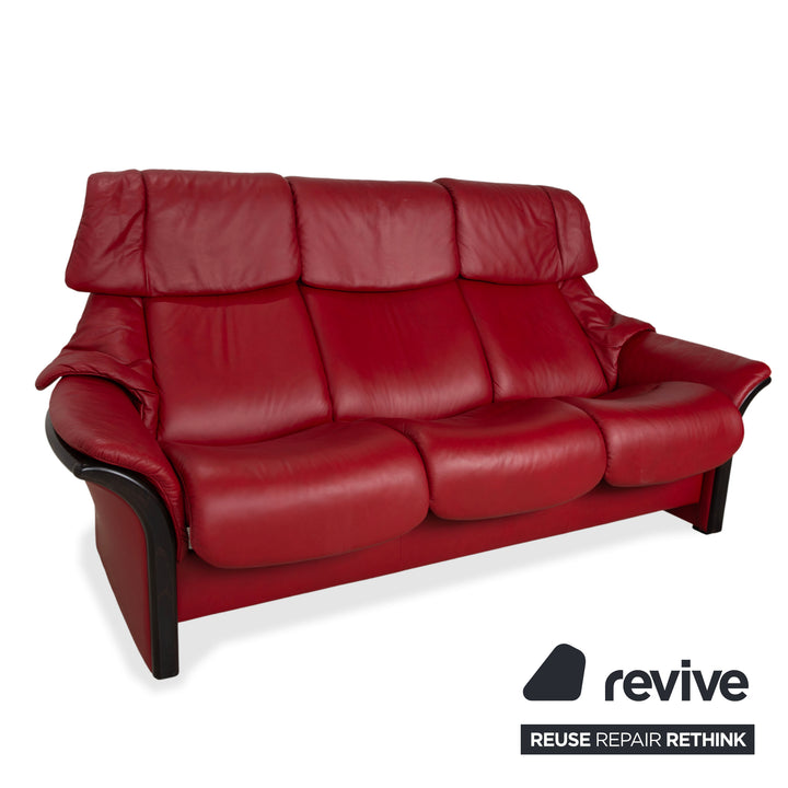 Stressless Eldorado three-seater leather sofa, cherry red, beech wood, wenge stained, manual function