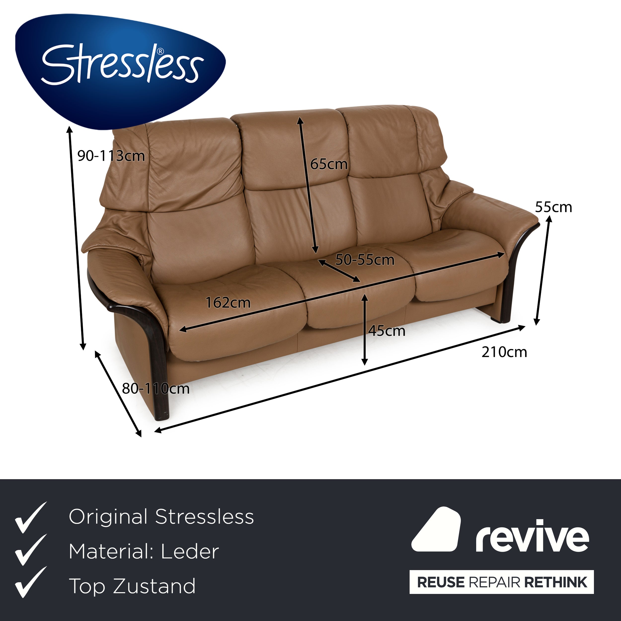 Stressless Eldorado Leather Three-Seater Brown Beige Sofa Couch manual function