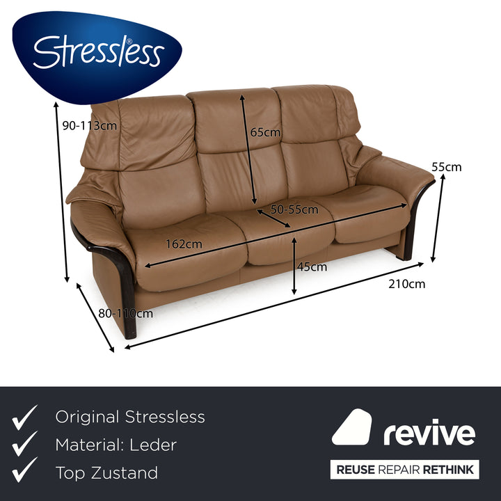 Stressless Eldorado Leather Three-Seater Brown Beige Sofa Couch manual function