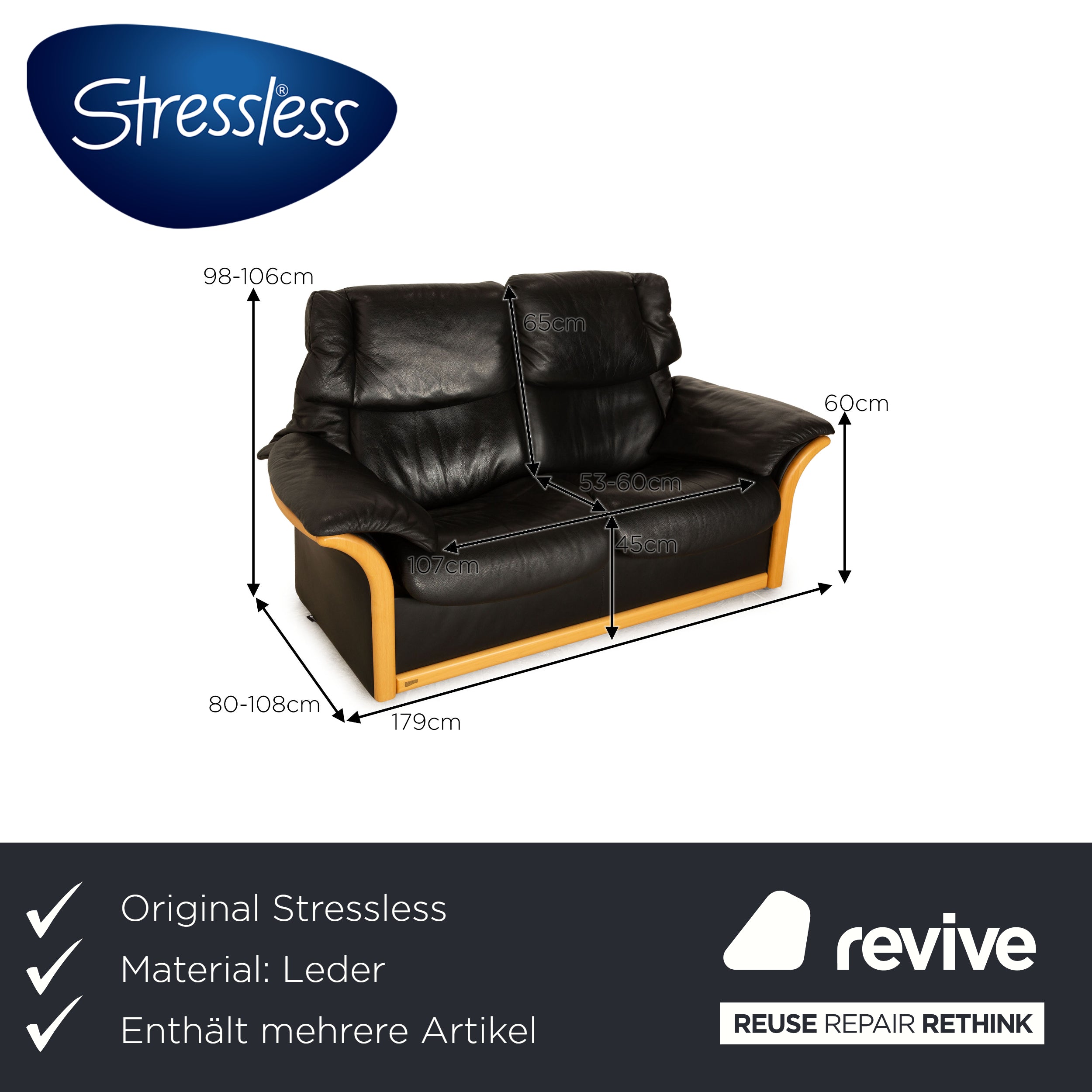 Stressless Eldorado leather sofa set black two-seater couch manual function