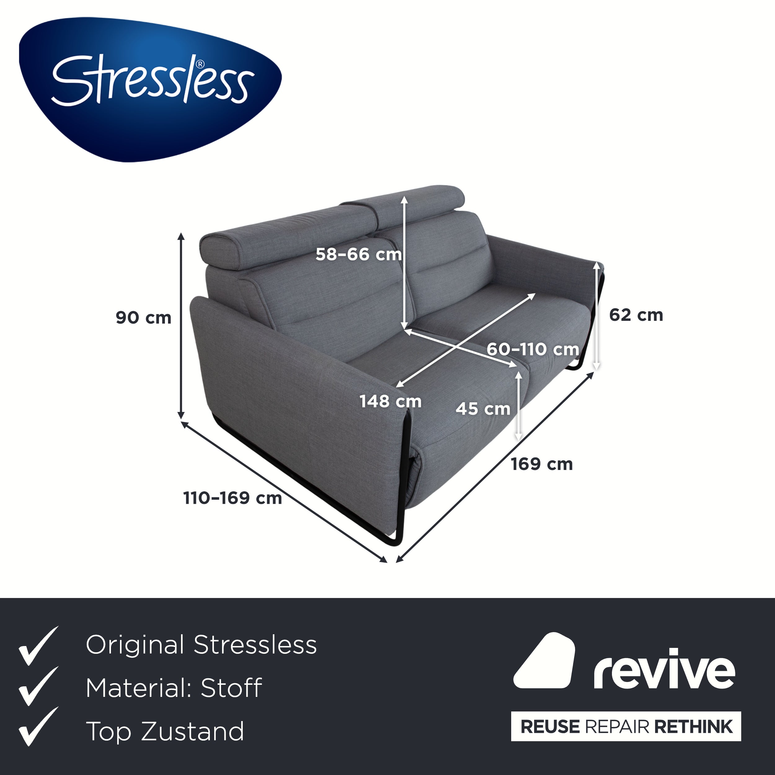 Stressless Emily Zweisitzer Sofa Stoff Grau elektrische Funktion Couch