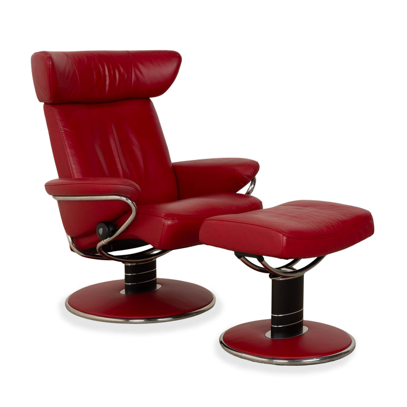 Stressless Jazz Leather Recliner, Red, Manual Function, Includes Footstool, Size M