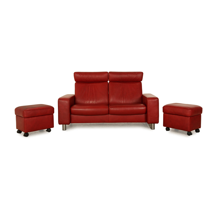 Stressless leather sofa set red manual function storage compartment two-seater 2x stool
