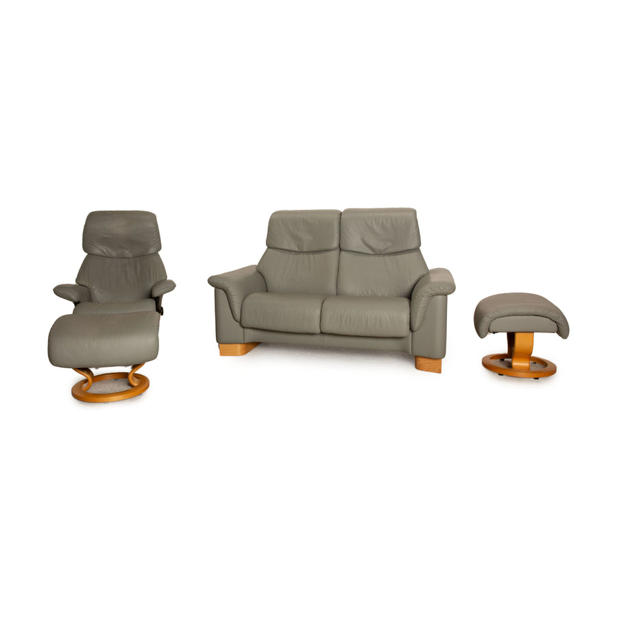 Stressless leather sofa set two-seater armchair stool grey couch relaxation function and adjustable headrests