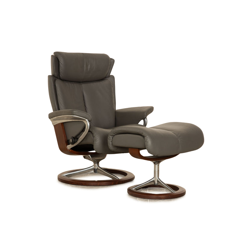 Fauteuil en cuir Stressless Magic avec tabouret gris taille M