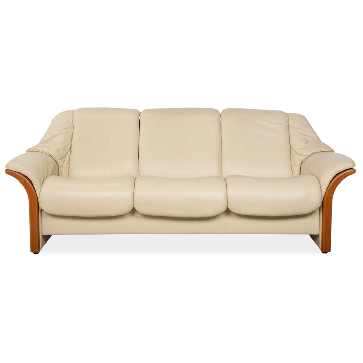 Stressless Oslo Leather Three-Seater Cream Beige Sofa Couch Wood Manual Function