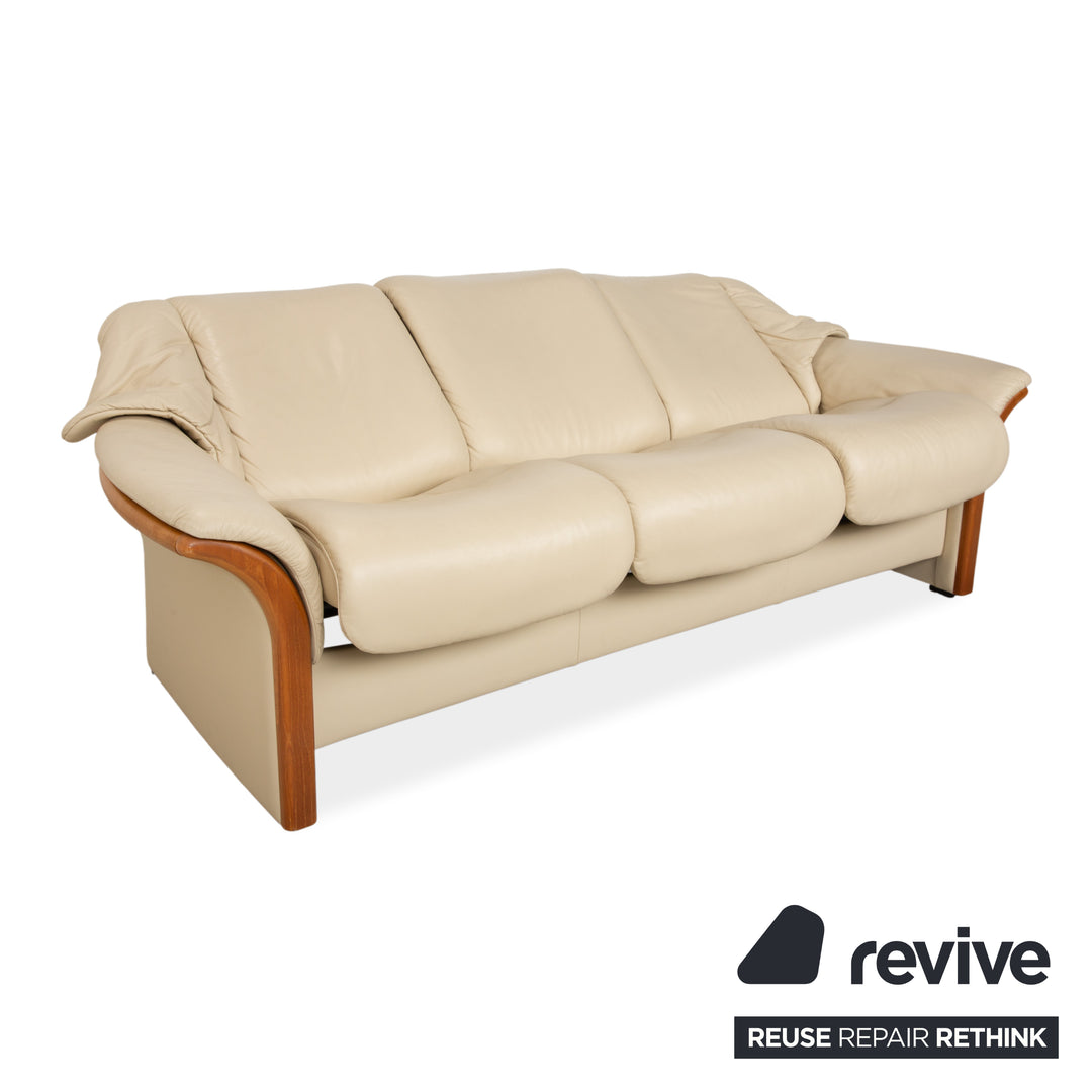 Stressless Oslo Leather Three-Seater Cream Beige Sofa Couch Wood Manual Function