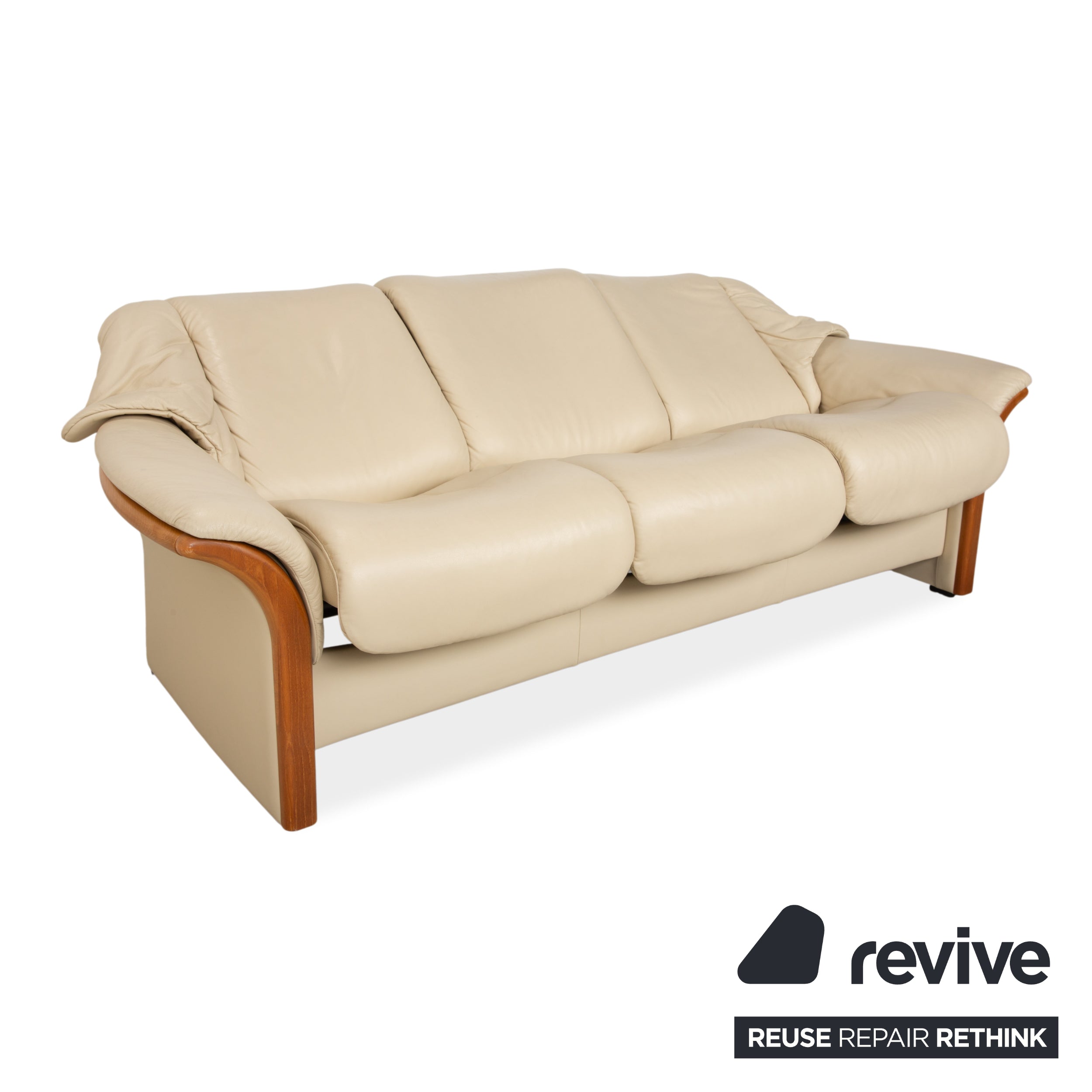 Stressless Oslo Leather Three-Seater Cream Beige Sofa Couch Wood Manual Function
