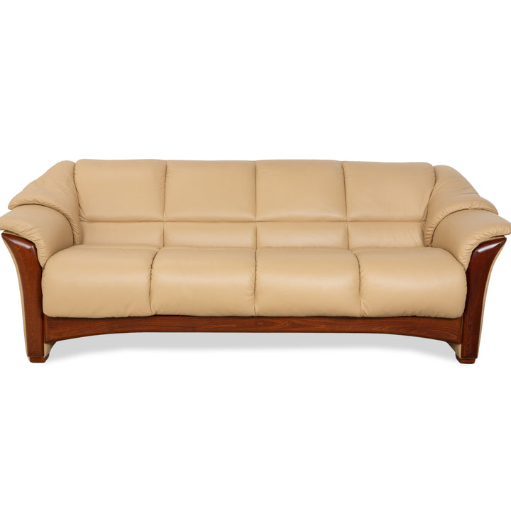 Stressless Oslo Leder Holz Viersitzer Beige Creme Braun Sofa Couch