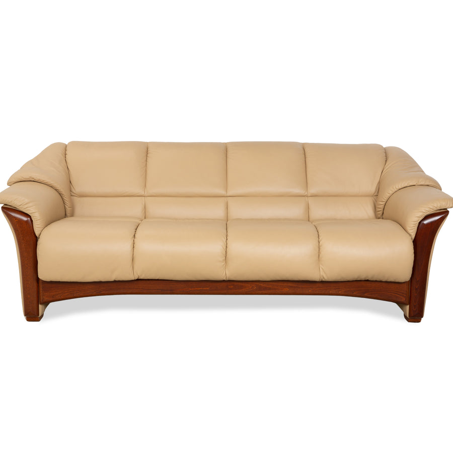 Stressless Oslo Leder Holz Viersitzer Beige Creme Braun Sofa Couch