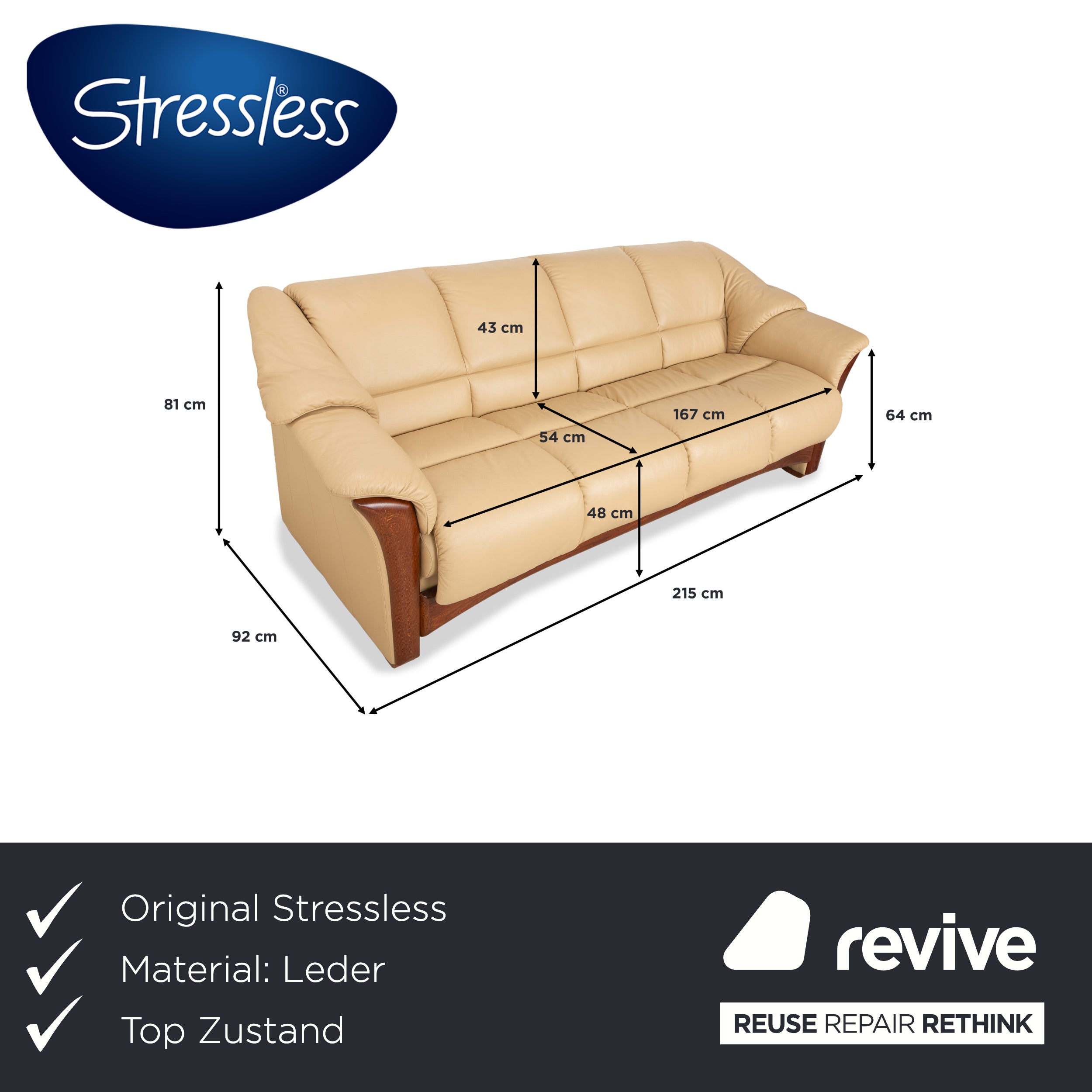 Stressless Oslo Leather Wood Four-Seater Beige Cream Brown Sofa Couch