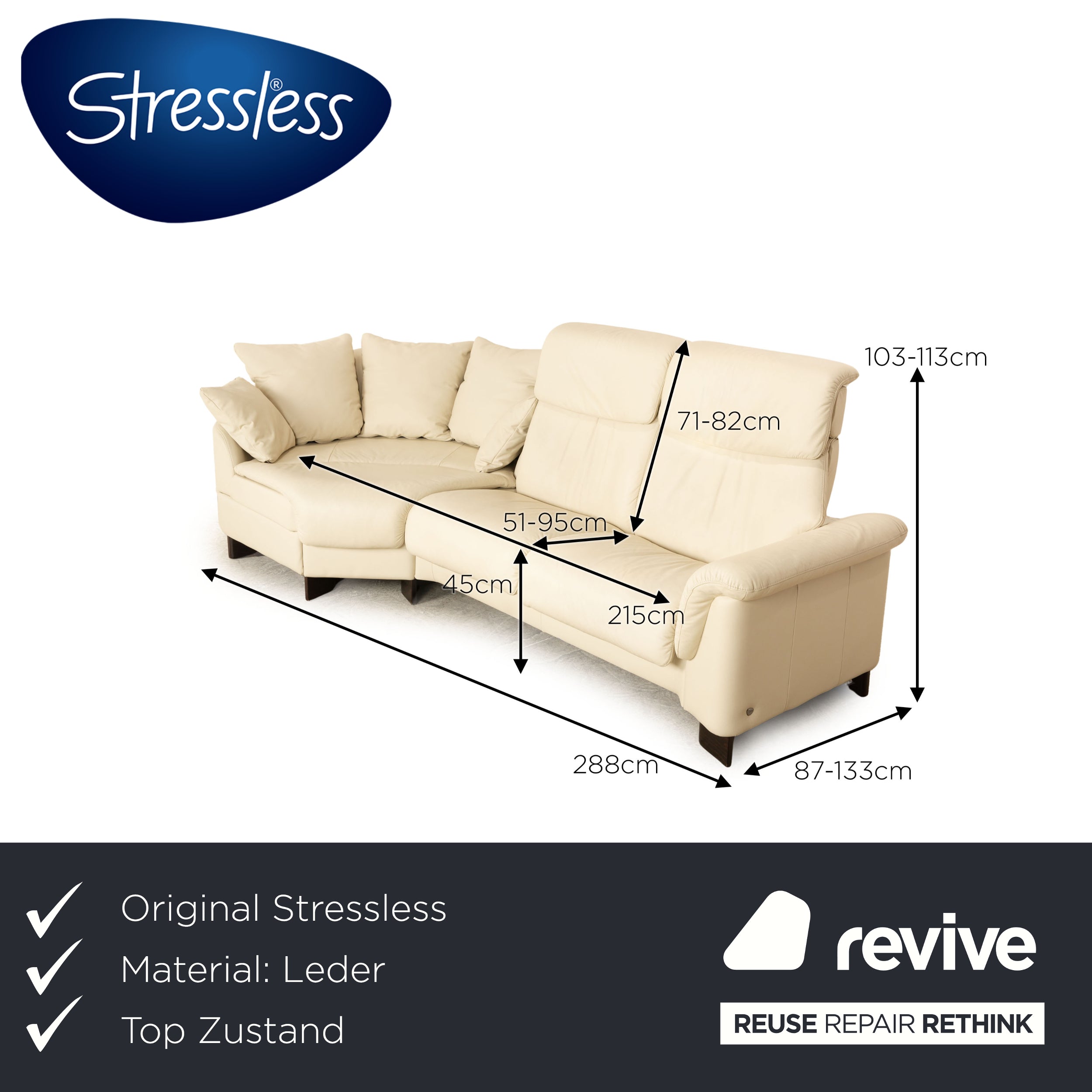 Stressless Paradise Leder Dreisitzer Creme Sofa Couch manuelle Funktion