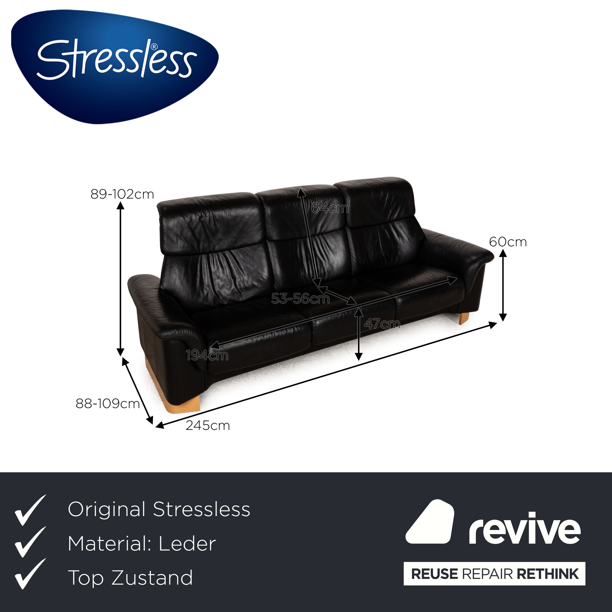 Stressless Paradise Leder Dreisitzer Schwarz Sofa Couch