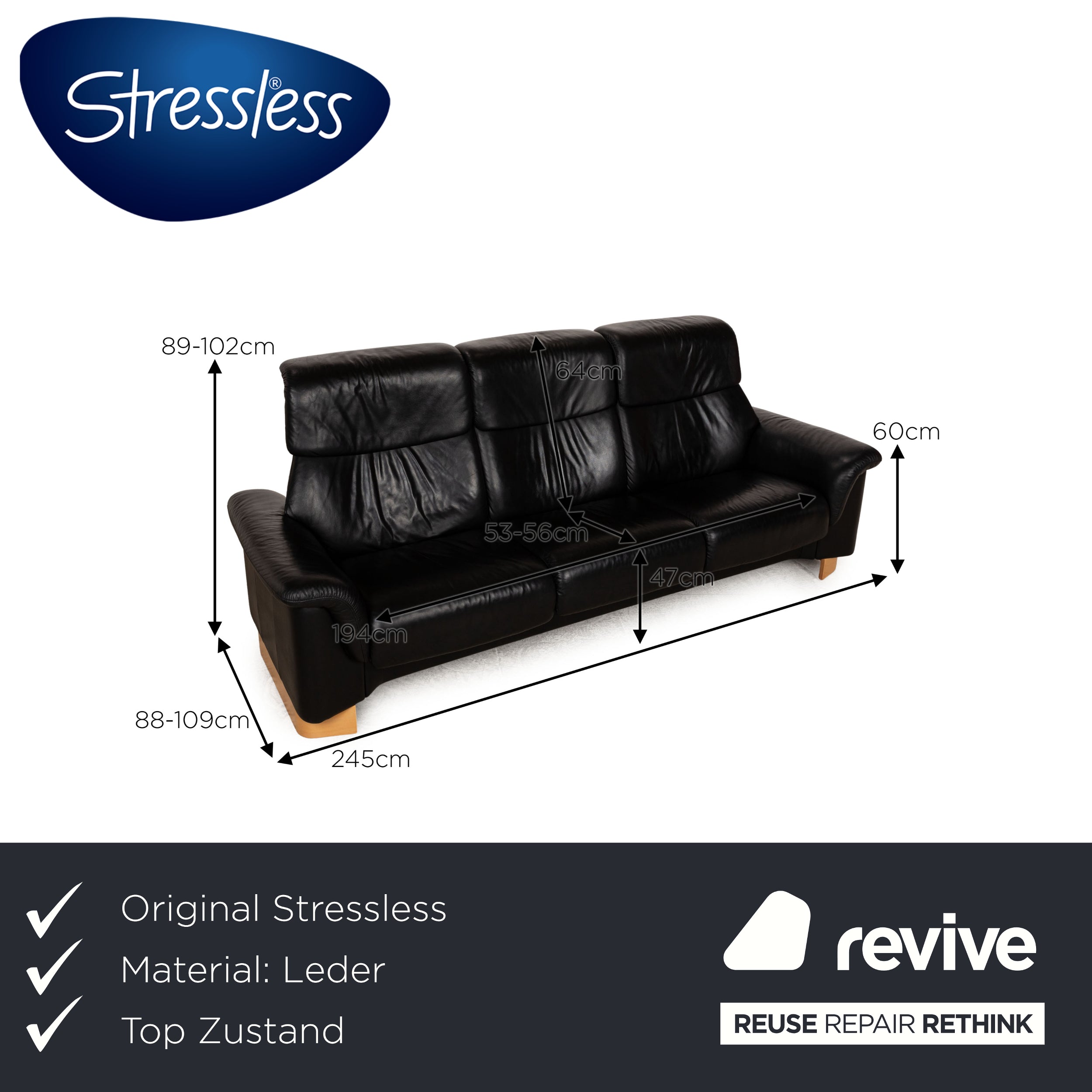 Canapé trois places en cuir noir Stressless Paradise