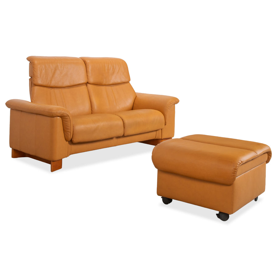 Stressless Paradise Leather Two-Seater & Ottoman Orange Cognac Light Brown Manual Function Reclining Function
