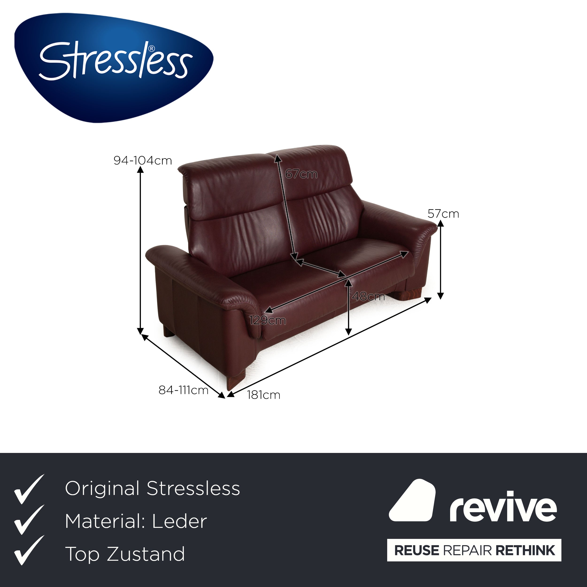 Stressless Paradise Leather Two Seater Red Brown Sofa Couch Manual Function