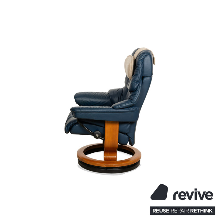 Fauteuil Stressless Reno en cuir bleu marron avec fonction manuelle et tabouret