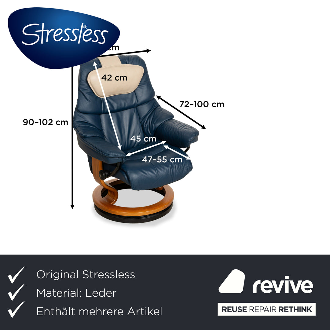 Fauteuil Stressless Reno en cuir bleu marron avec fonction manuelle et tabouret