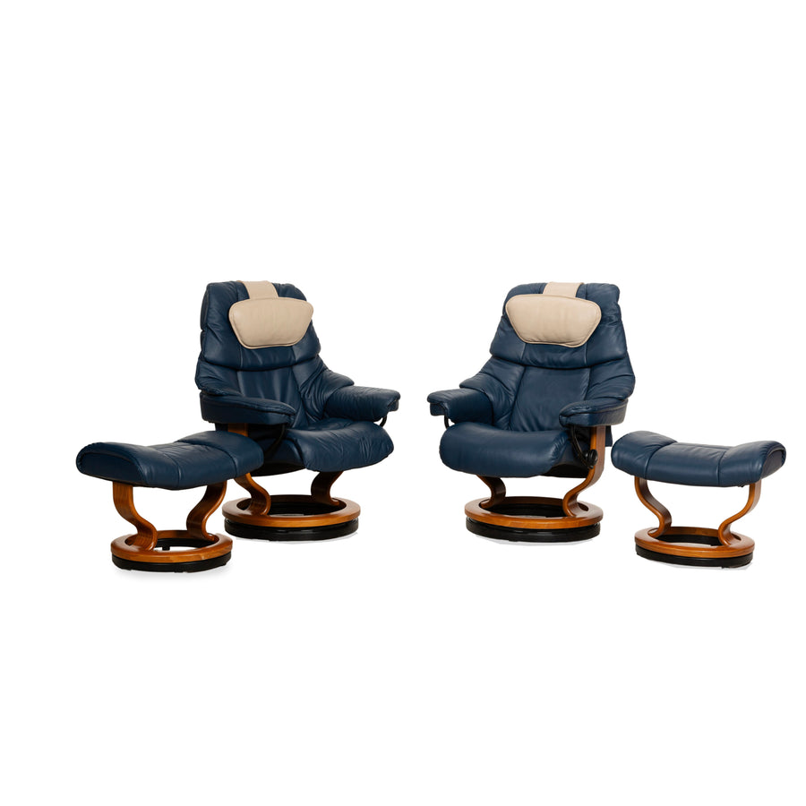 Fauteuil Stressless Reno en cuir bleu marron avec fonction manuelle et tabouret