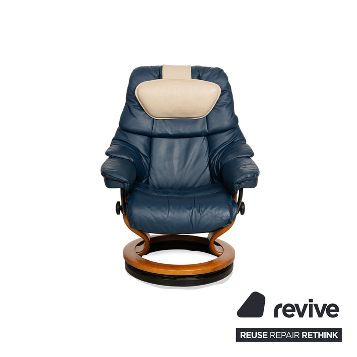 Fauteuil Stressless Reno en cuir bleu marron avec fonction manuelle et tabouret