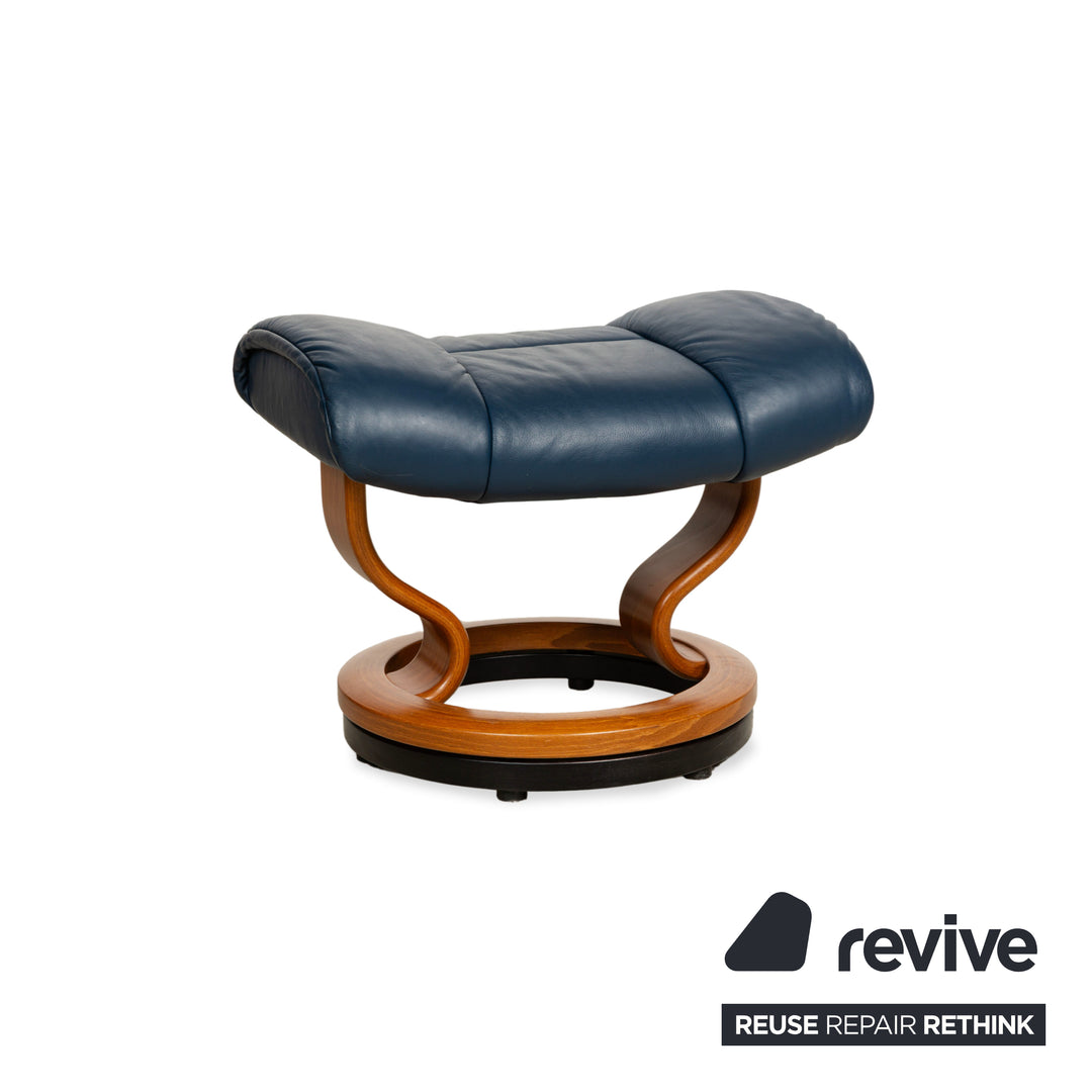 Fauteuil Stressless Reno en cuir bleu marron avec fonction manuelle et tabouret