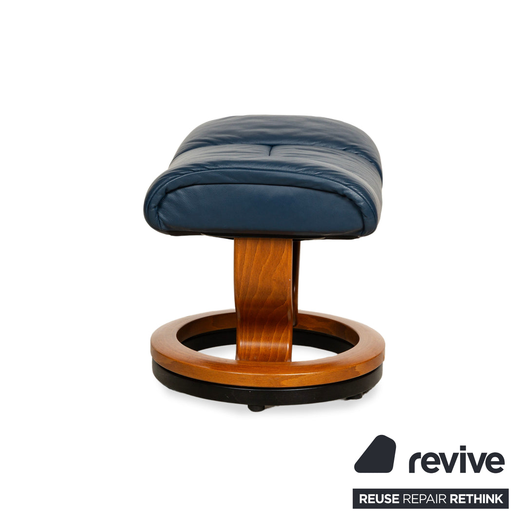 Fauteuil Stressless Reno en cuir bleu marron avec fonction manuelle et tabouret