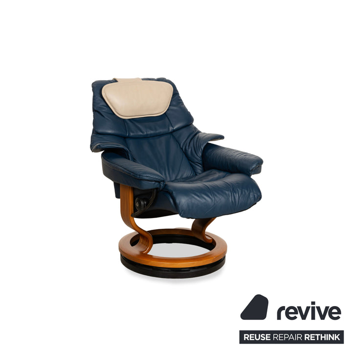 Fauteuil Stressless Reno en cuir bleu marron avec fonction manuelle et tabouret