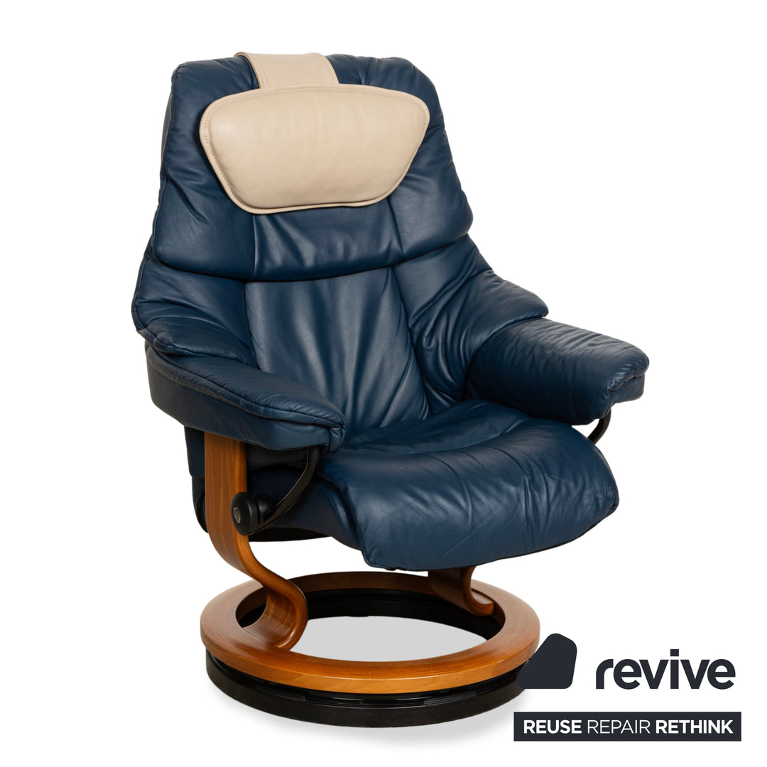 Fauteuil Stressless Reno en cuir bleu marron avec fonction manuelle et tabouret