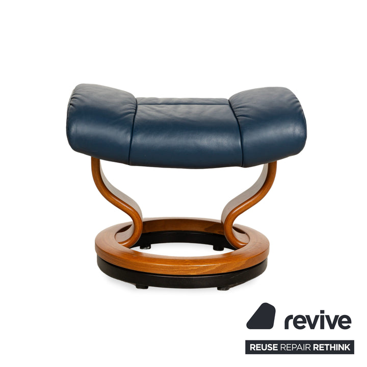 Fauteuil Stressless Reno en cuir bleu marron avec fonction manuelle et tabouret