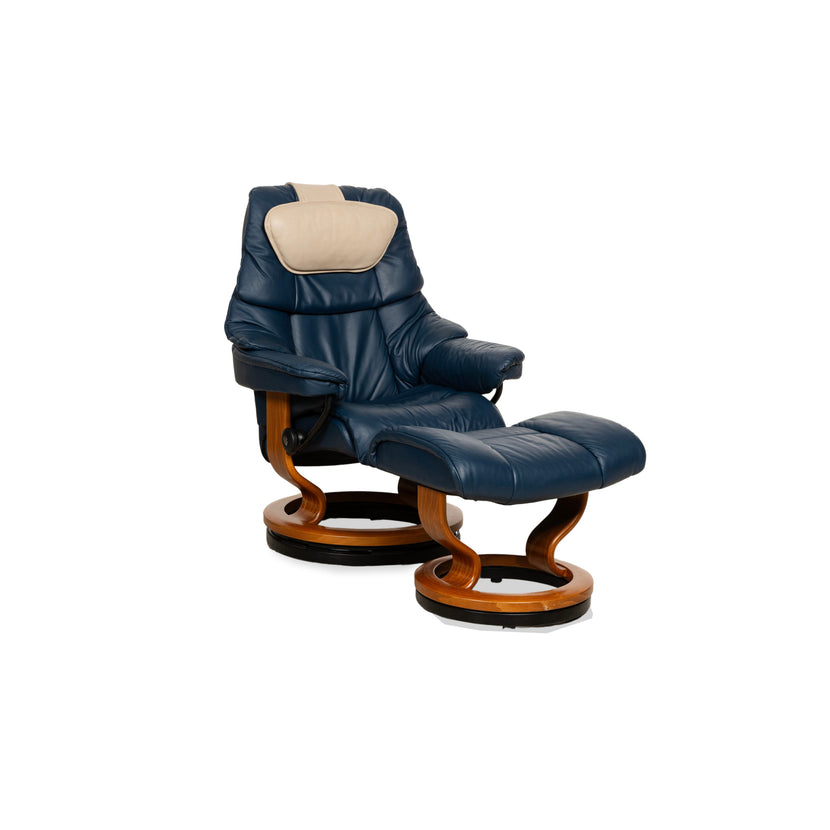 Fauteuil Stressless Reno en cuir bleu marron avec fonction manuelle et tabouret