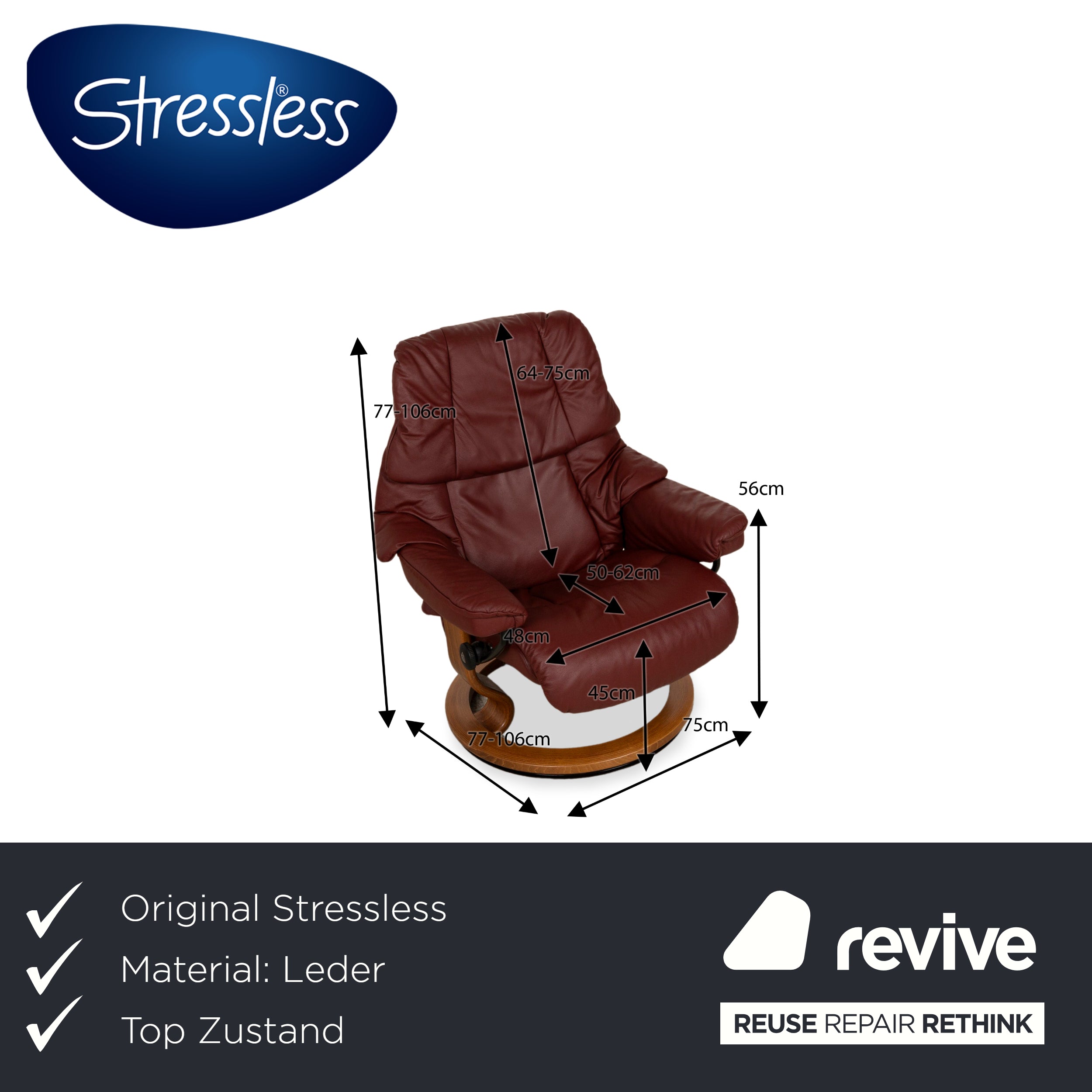 Fauteuil en cuir Stressless Reno marron marron rouge fonction manuelle fonction relaxation