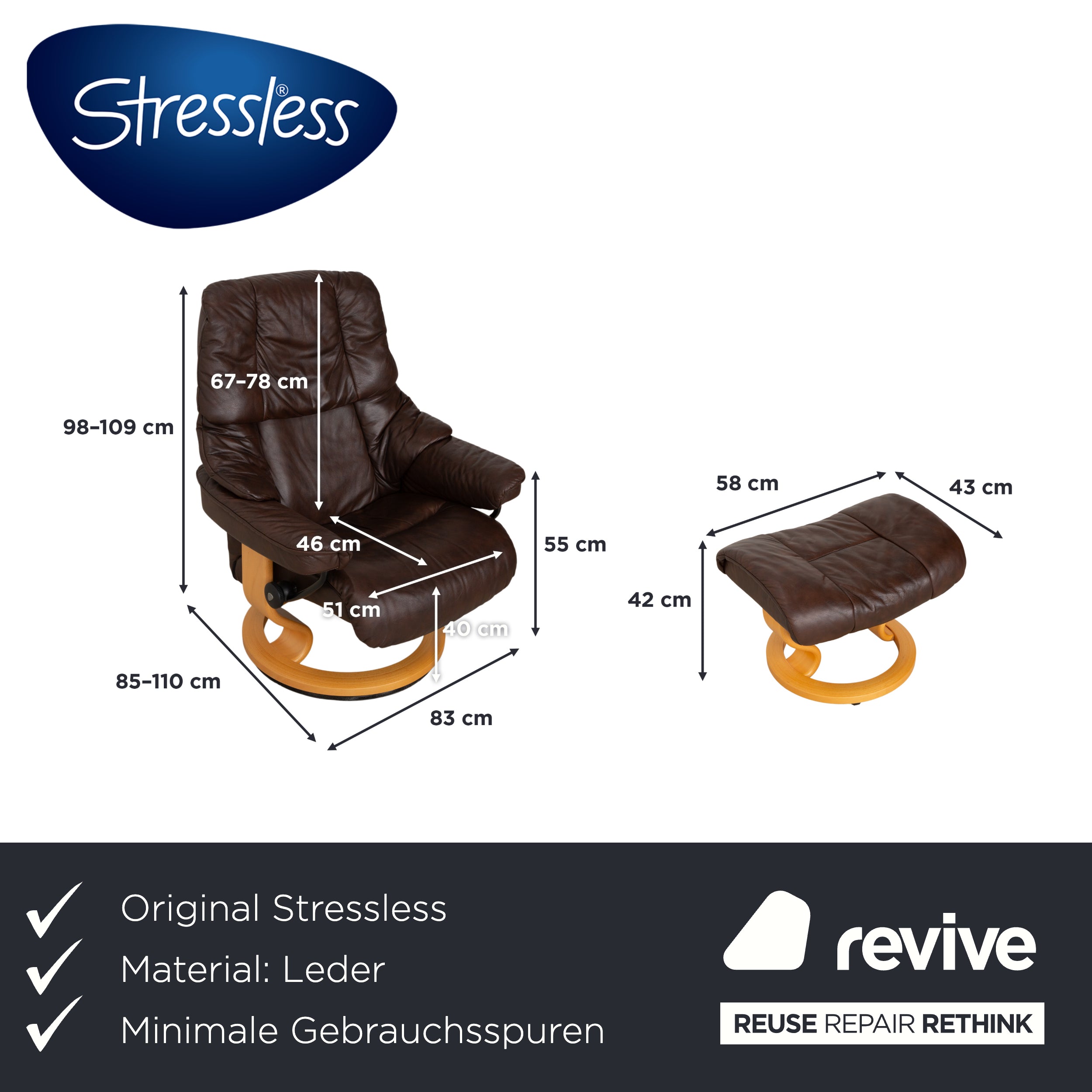 Stressless Reno Leather Recliner Brown Size M incl. Footstool Dark Brown Recliner Reclining Chair Reclining Function