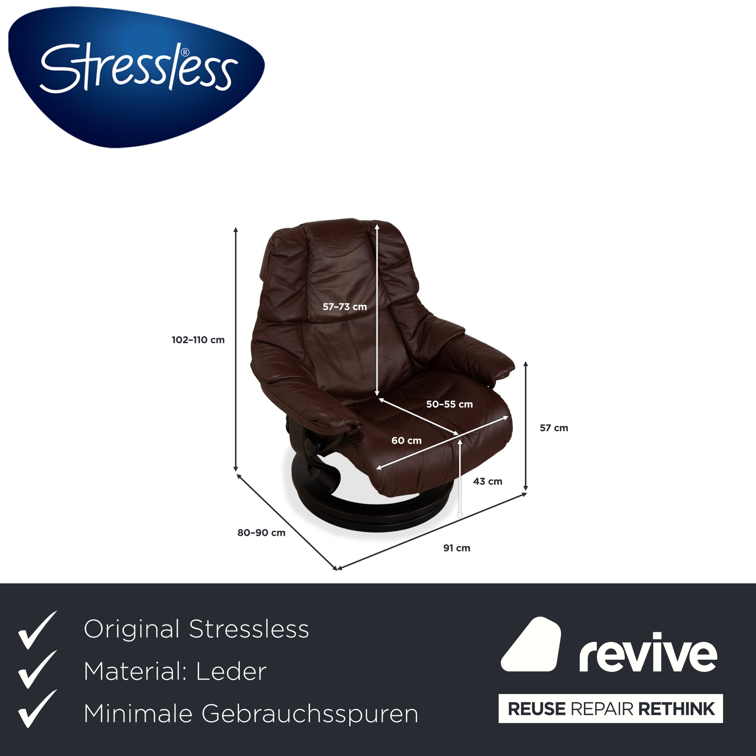 Stressless Reno Leather Recliner Brown Red Manual Function incl. Footstool