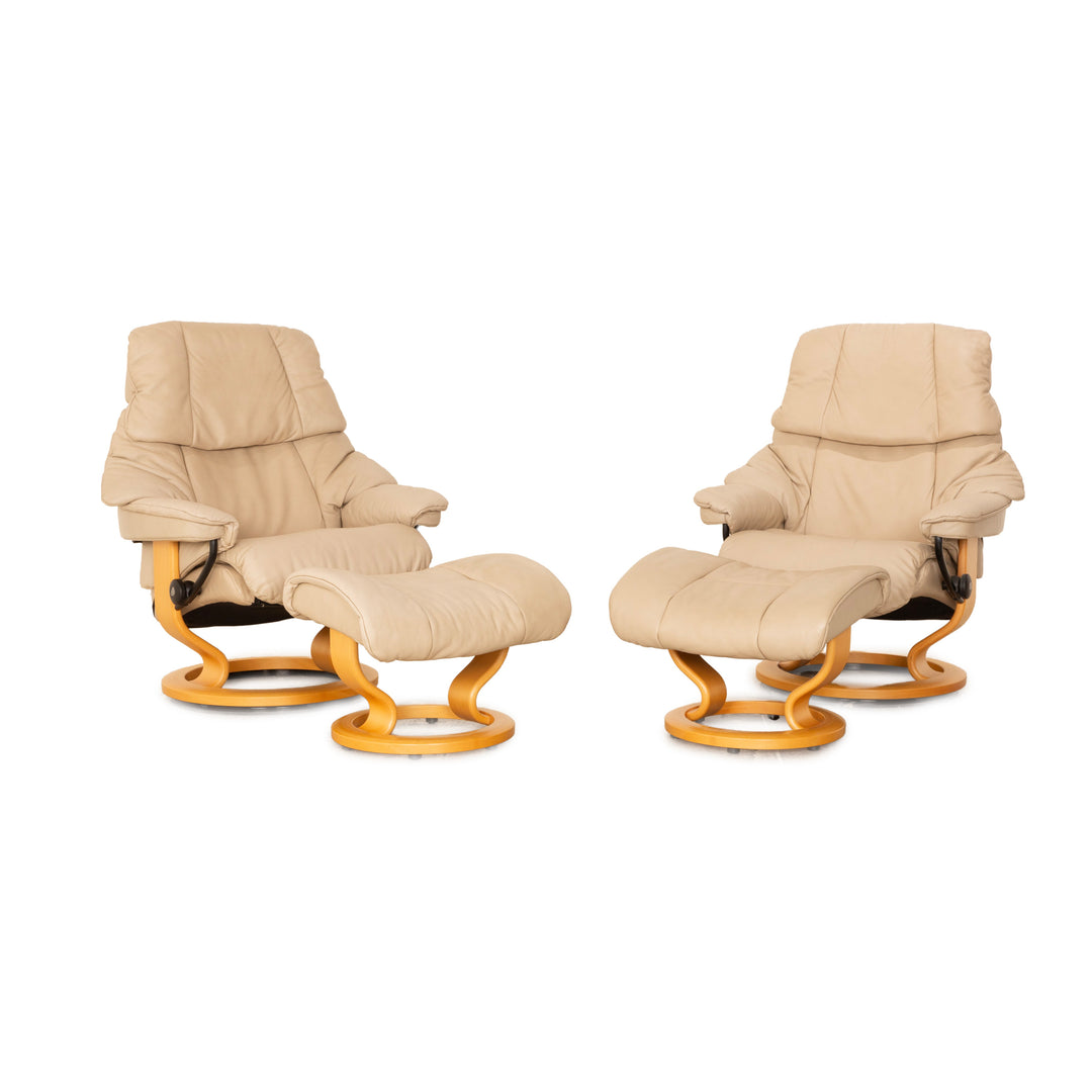 Stressless Reno Leder Sessel Garnitur Beige manuelle Funktion inkl. Hocker 2x Sessel 2x Hocker