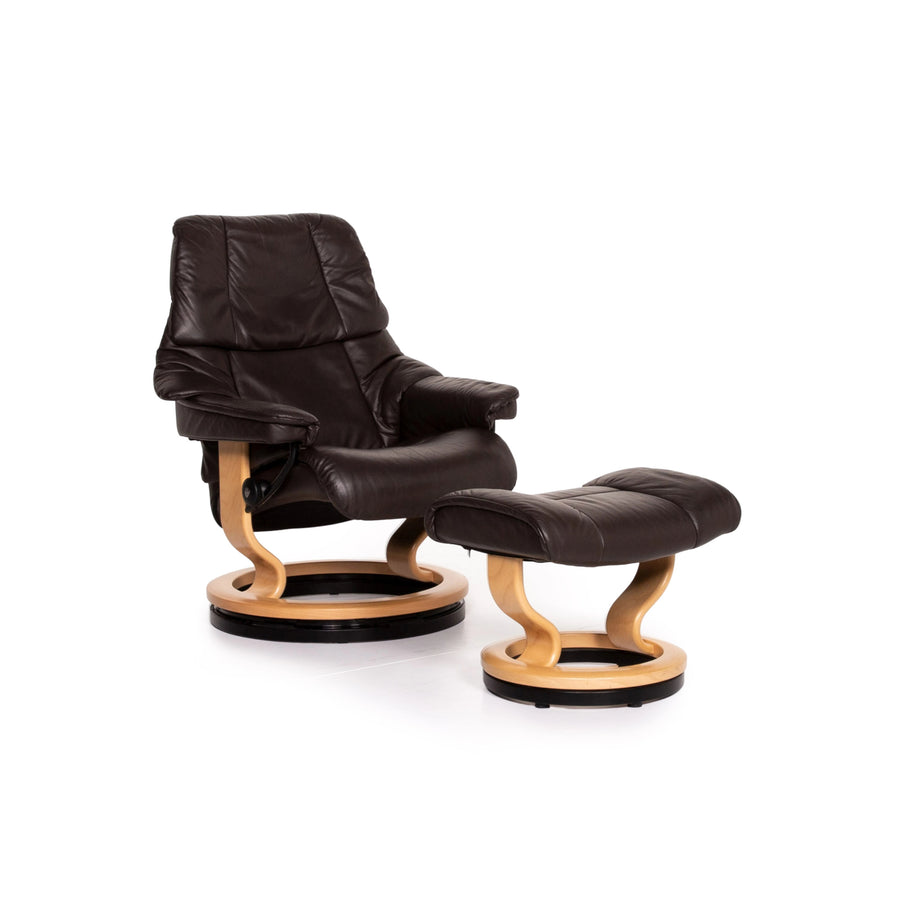 Fauteuil en cuir Stressless Reno marron taille M avec tabouret marron foncé Fonction de relaxation Fonction