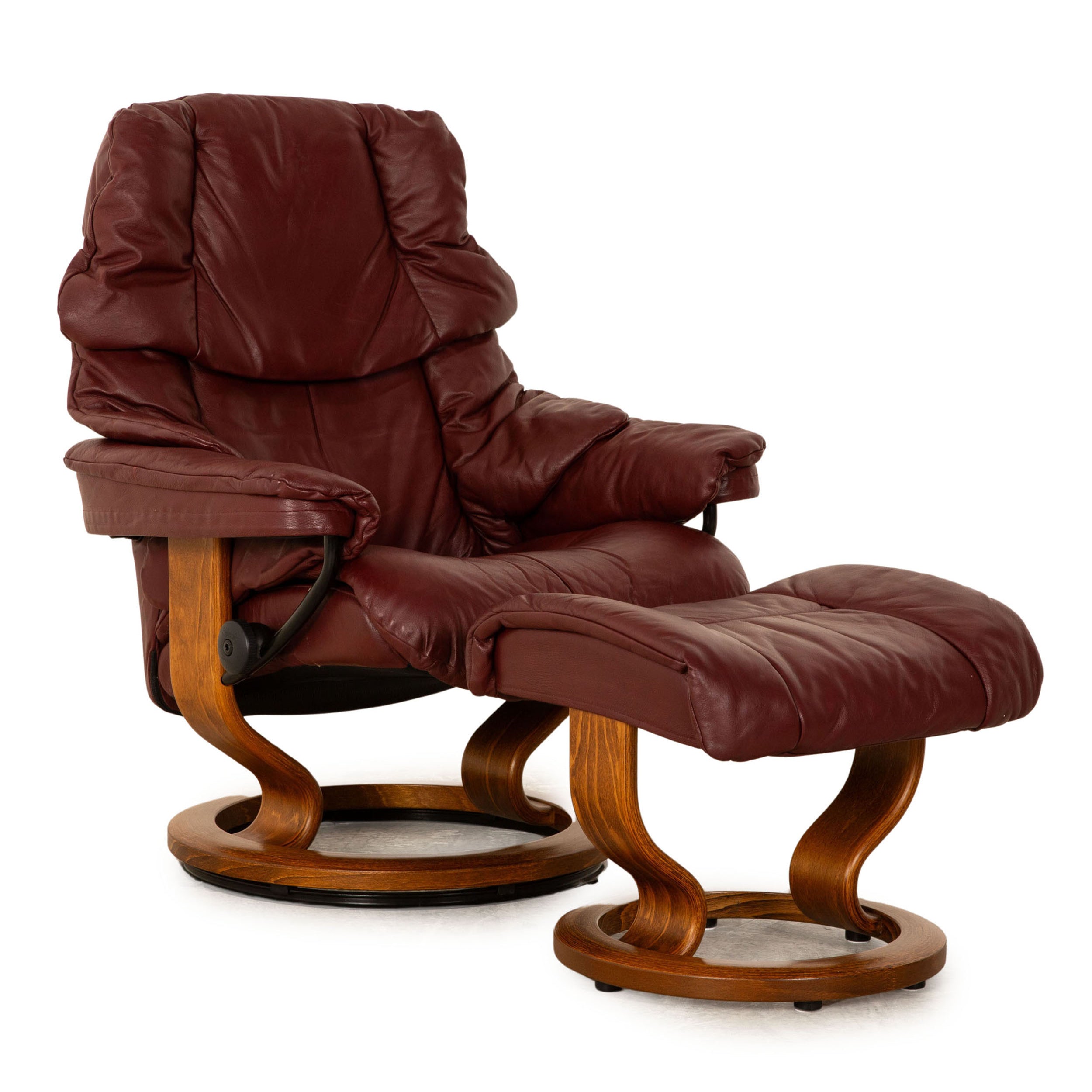 Fauteuil en cuir Stressless Reno rouge bordeaux avec tabouret taille M