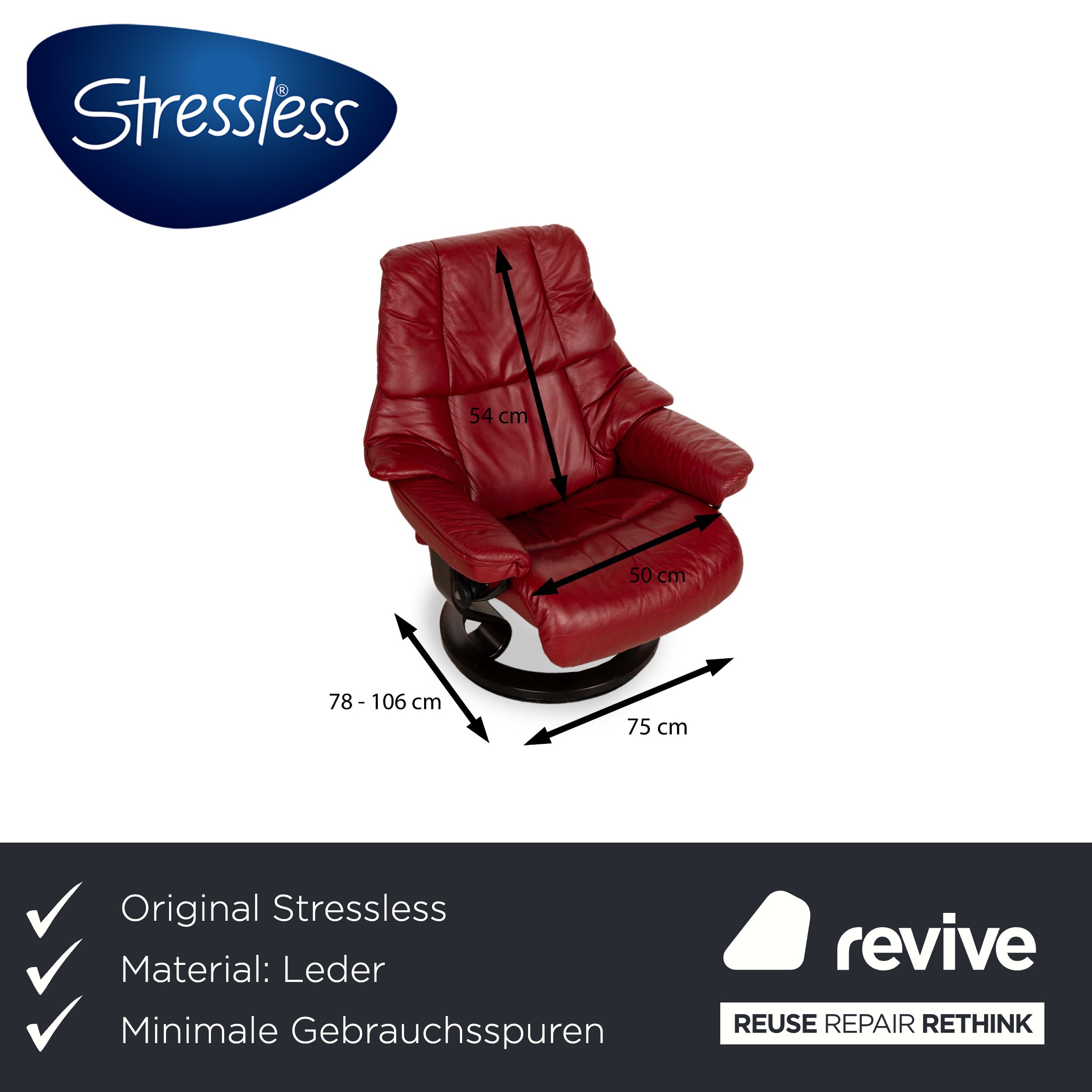 Fauteuil en cuir Stressless Reno Rouge fonction manuelle avec tabouret