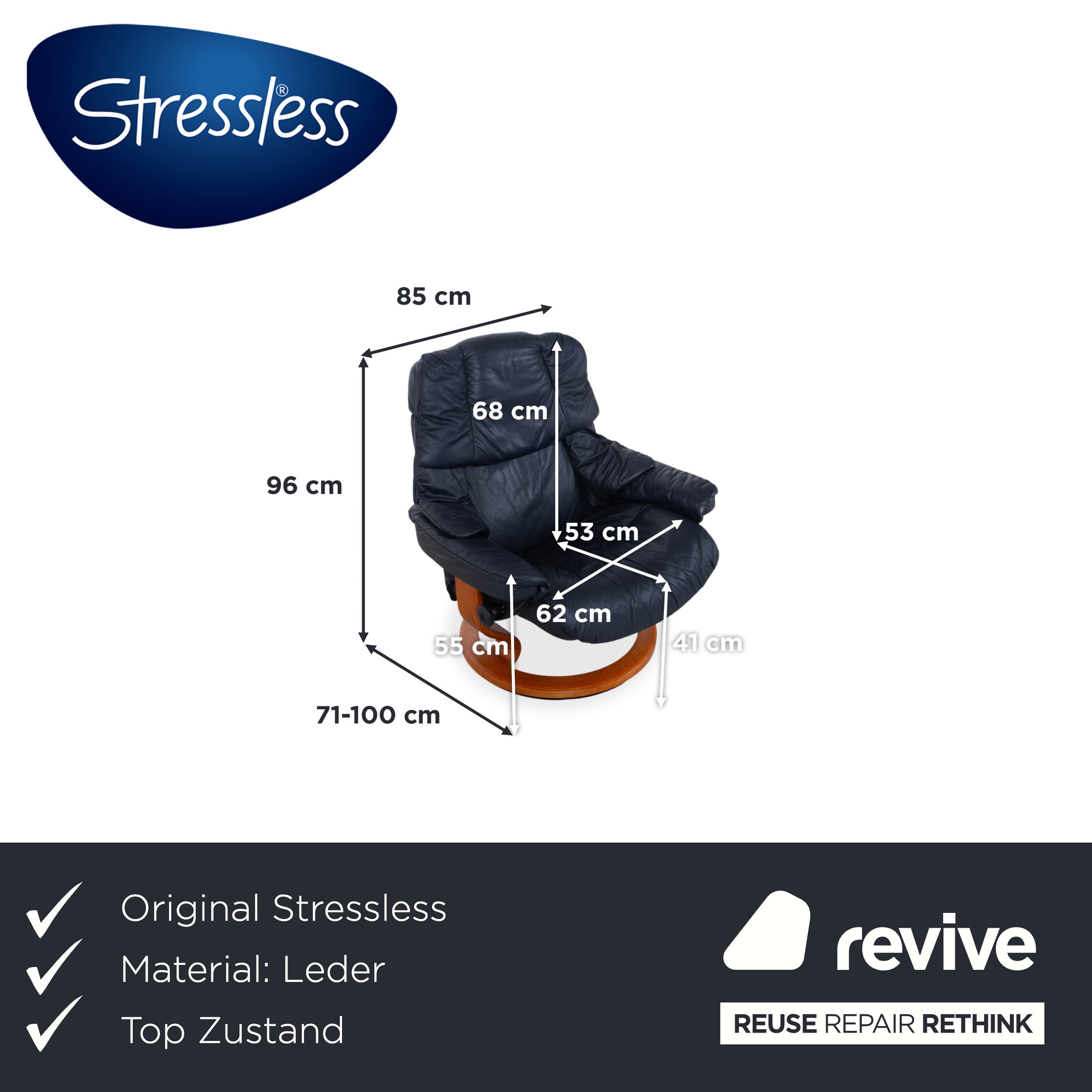 Stressless Reno Leather Armchair Black incl. Ottoman Manual Function Size L