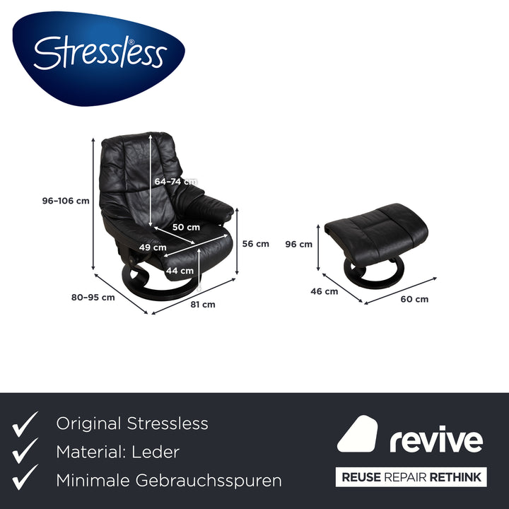 Fauteuil Stressless Reno, taille M, cuir noir, pieds et repose-pieds en hêtre, fonction manuelle