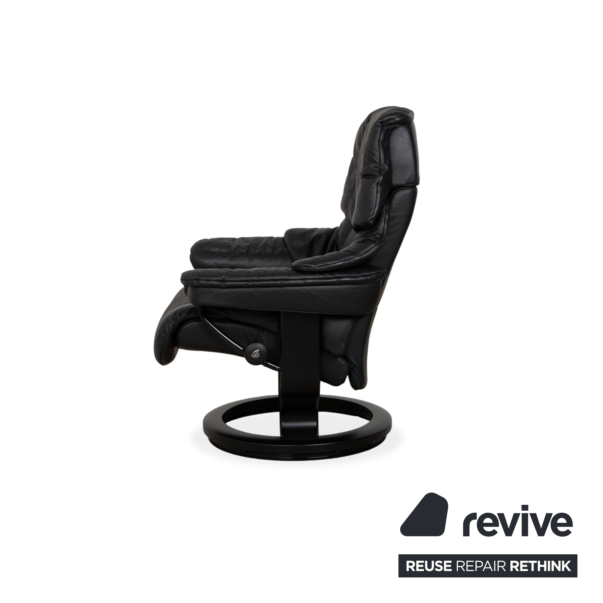 Fauteuil Stressless Reno, taille M, cuir noir, pieds et repose-pieds en hêtre, fonction manuelle
