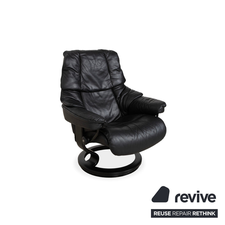 Fauteuil Stressless Reno, taille M, cuir noir, pieds et repose-pieds en hêtre, fonction manuelle