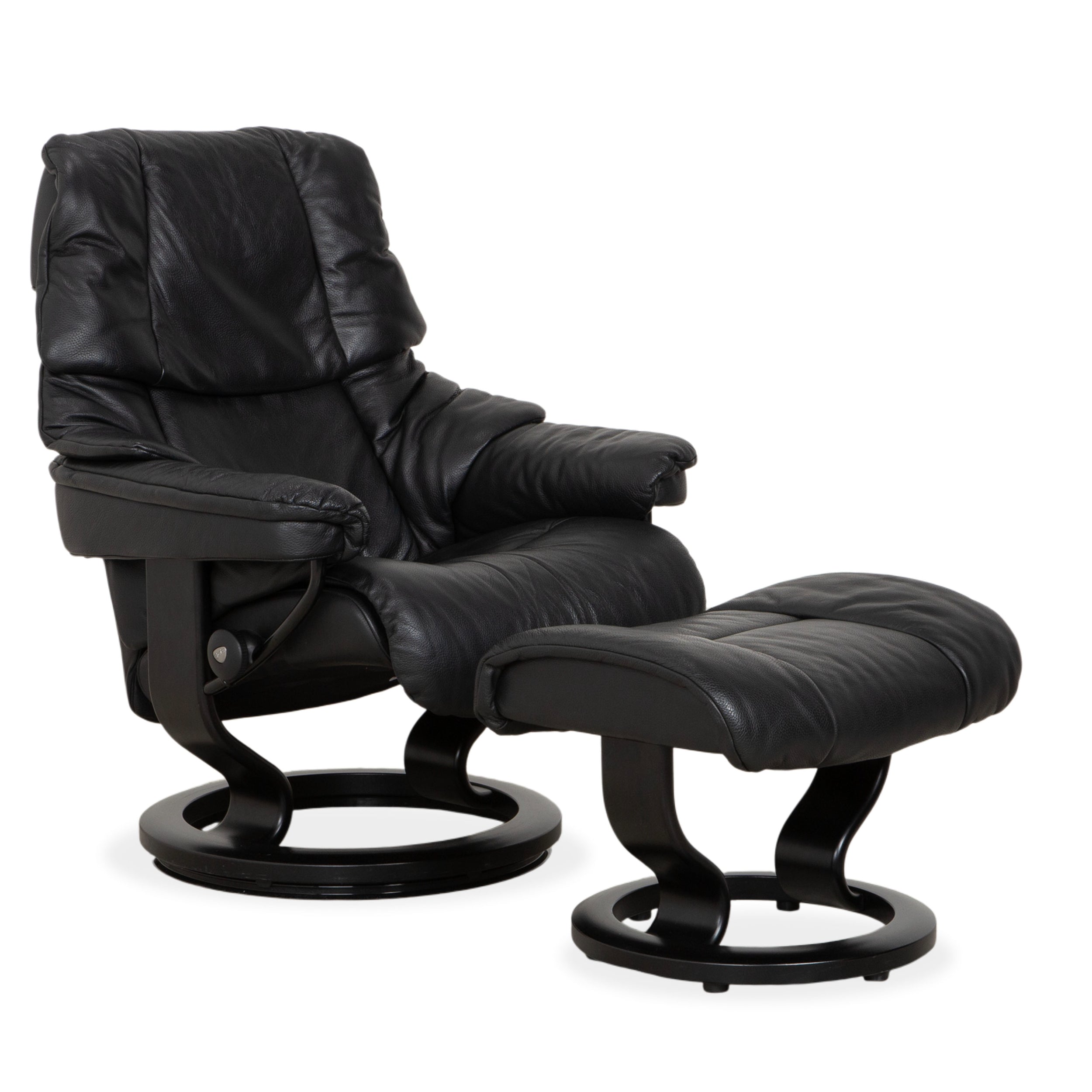 Fauteuil Stressless Reno, taille M, cuir noir, pieds et repose-pieds en hêtre, fonction manuelle