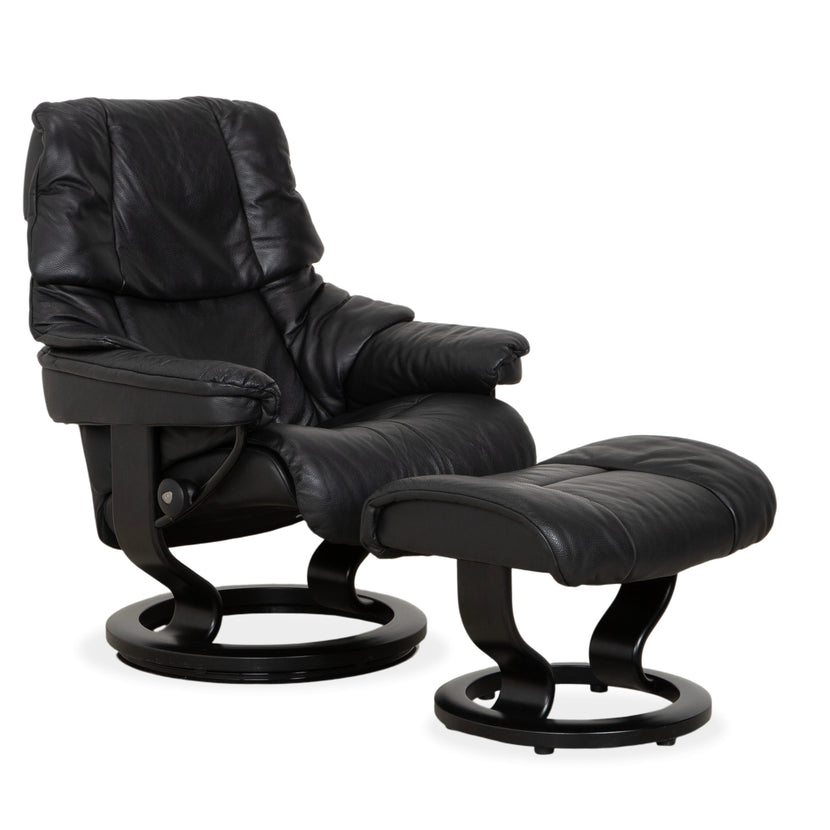 Fauteuil Stressless Reno, taille M, cuir noir, pieds et repose-pieds en hêtre, fonction manuelle