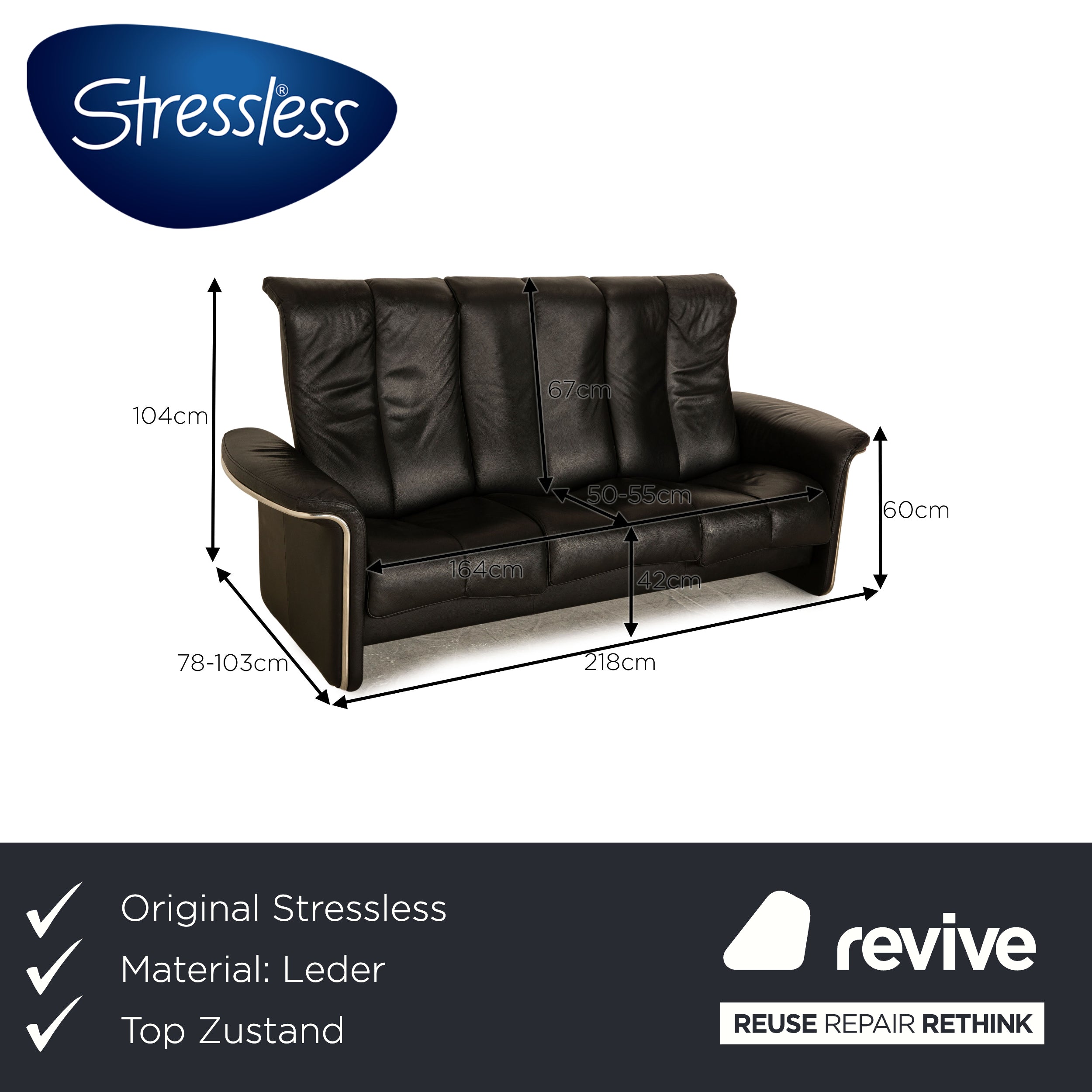 Stressless Soul Leather Three Seater Black Sofa Couch Manual Function